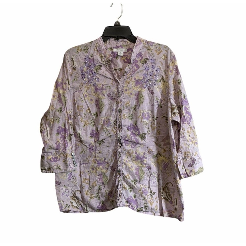 Dressbarn Sz 2X Purple Sequin Floral Ruffle Button Front Fairy Whimsical